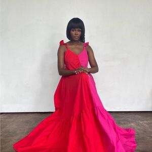 Forever Amelia Red & Pink Ruffle Maxi Dress Size 8 NWT